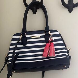 Poppy & Peonies Navy and White Striped Satchel with Pink Tassels
